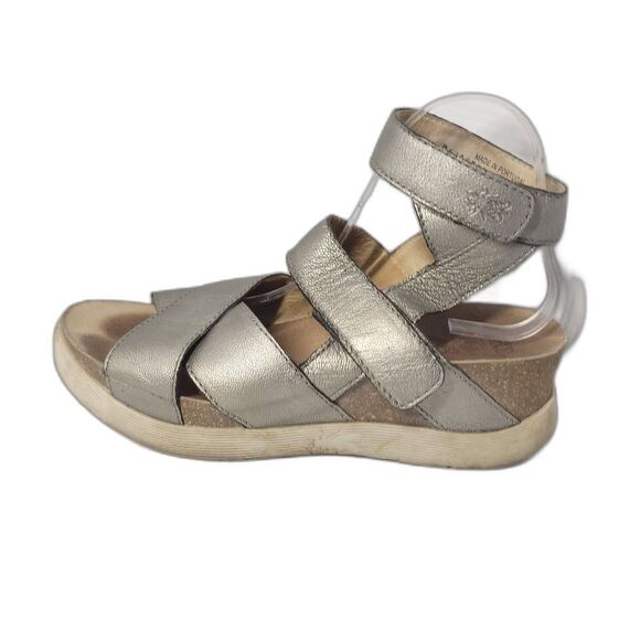 FLY London Idra Wedge Platform Sandal EU 41 Silver Metallic Leather Ankle Strap - Picture 1 of 12